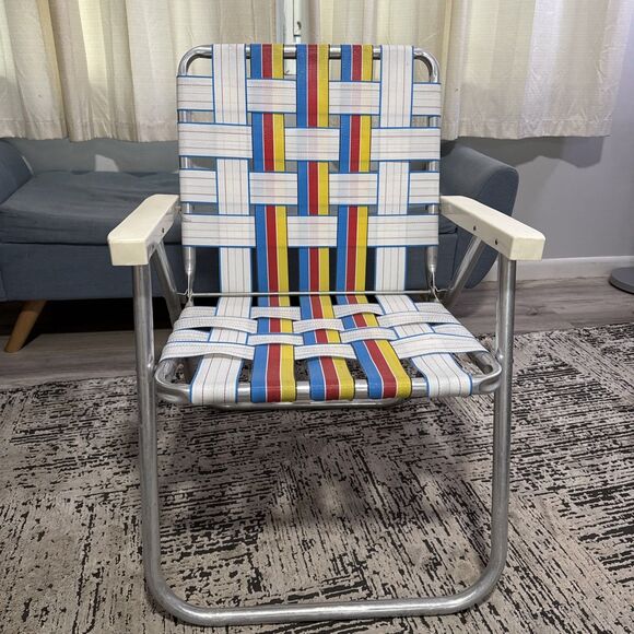 Other - Vintage Rainbow Striped Mesh Web Aluminum Folding Lawn Chair 1970s Sun Terrace